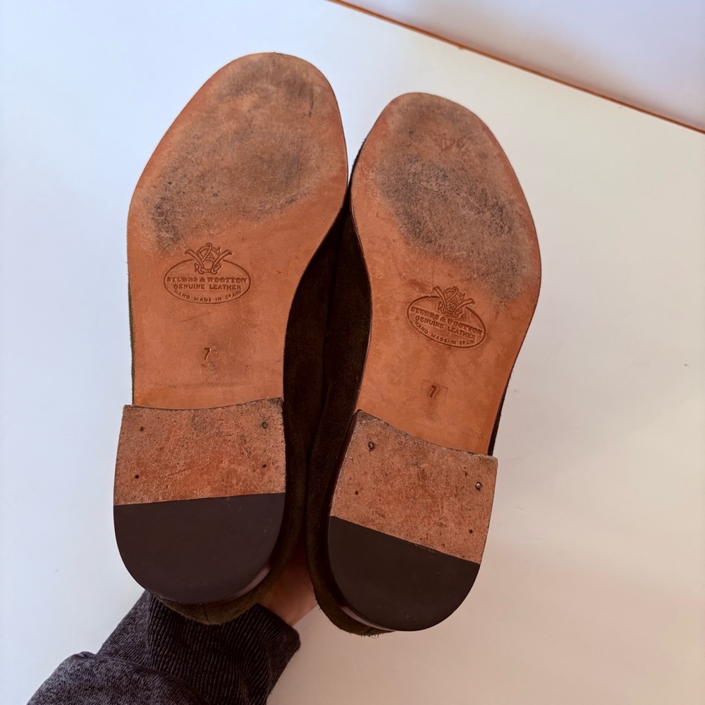 STUBBS&WOOTTON Green Pink Leather Suede Slip-On Loafers‎ Slippers 7 Men’s Yacht - Picture 6 of 7